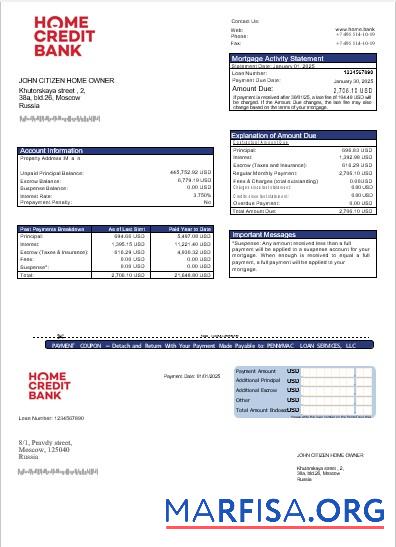 Blank Russia Home Credit bank mortgage statement in Word and PDF formats download for verification